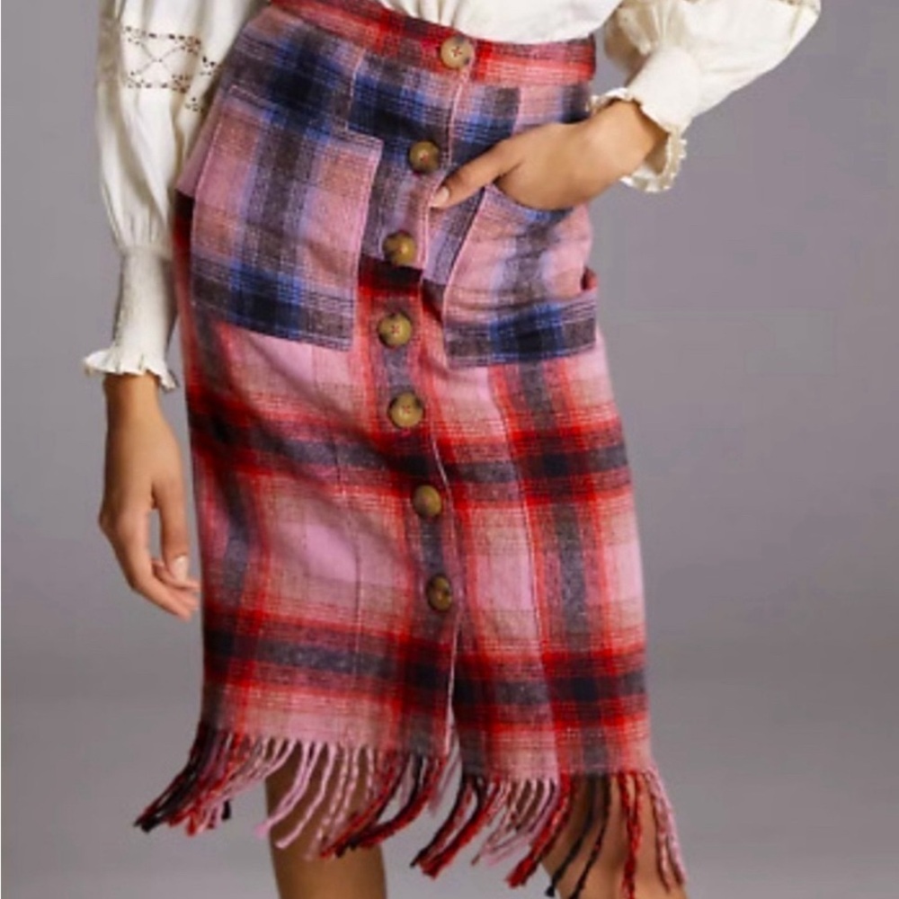 Like New Maeve (Anthropologie) pink plaid wool midi skirt.